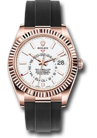 Replica Rolex Everose Gold Sky-Dweller Watch 326235 White Index Dial Oysterflex Bracelet